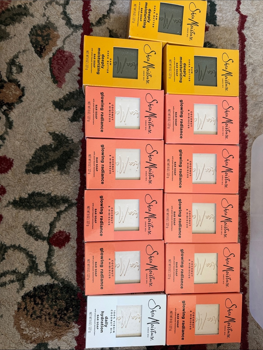 Shea Moisture Soap Bar Pack of 13 in Coral, White & Yellow Packaging